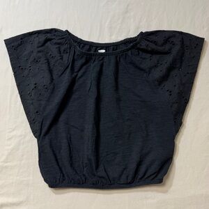 Black Shirt Girls Small 6-7 Bat Wing Dolman Sleeve Eyelet Lace Top Summer Preppy